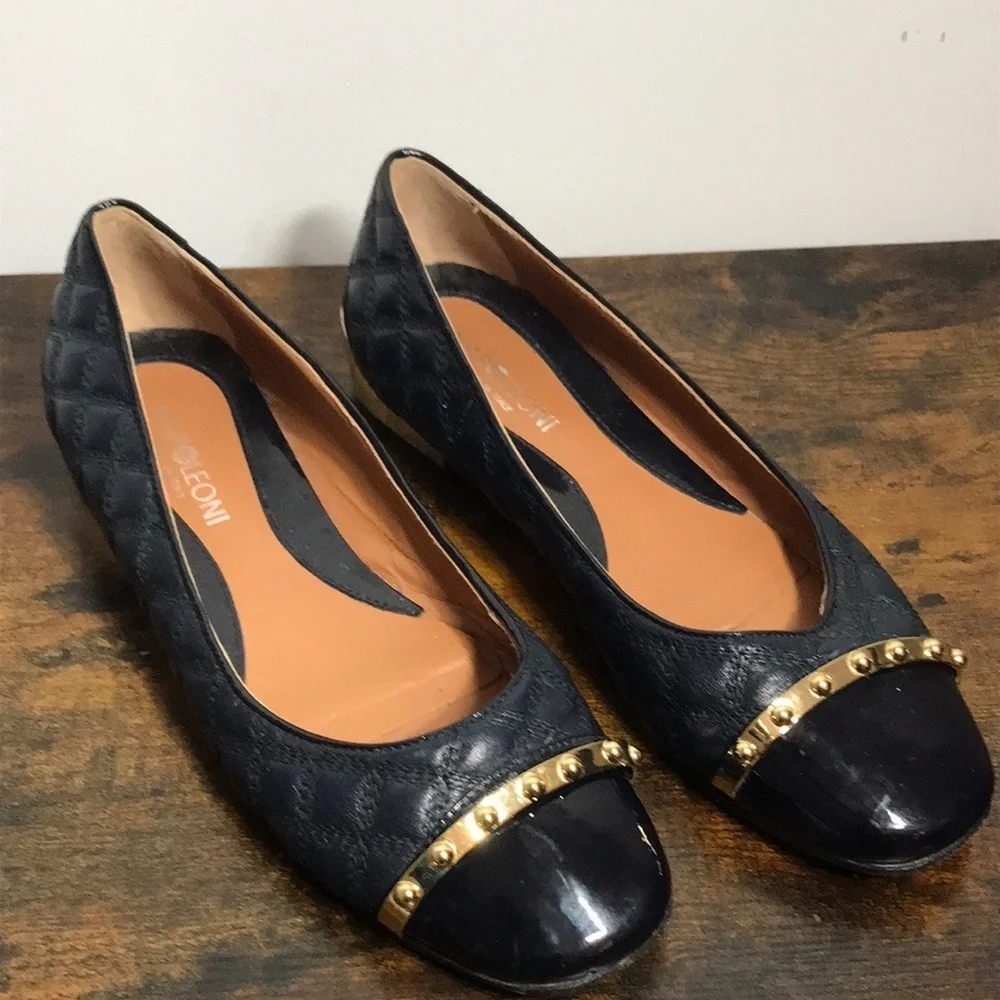 Vintage Napoleoni Navy Leather Quilted Gold Heels Ballet Flats Made in Italy - Picture 2 of 10
